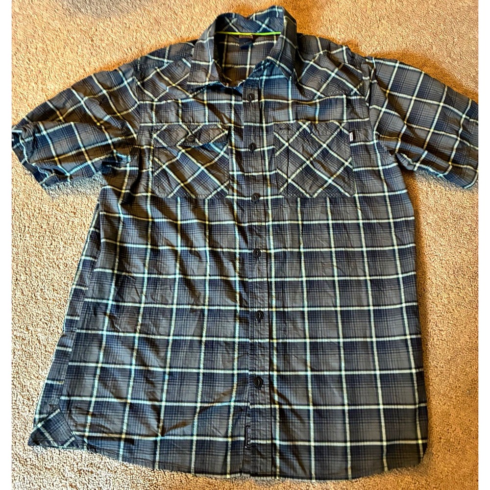 Outdoor Research Men's Plaid Button-Up short Sleeve Shirt Pockets Green Gray L